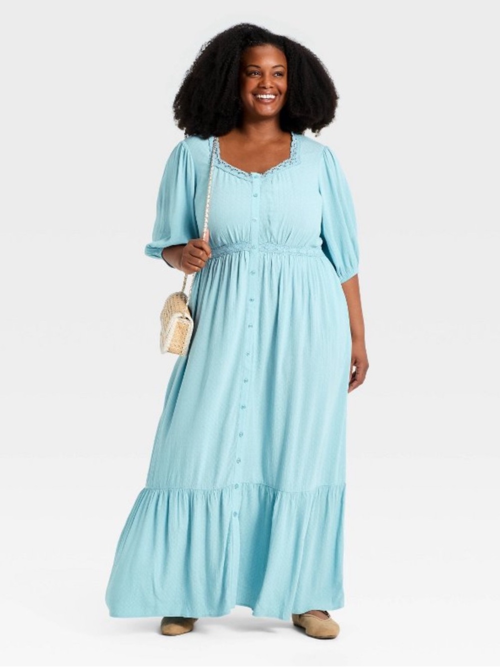 Ava & Viv Blue Plus size Maxi Dress Button-Front Lace Trim - XXL - Picture 2 of 4